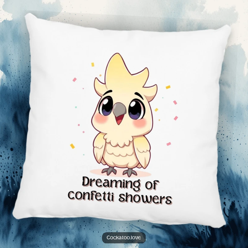 Funny Cockatoo Pillow: A happy bird looking up in excitement at a confetti shower.