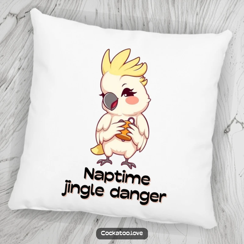Funny Cockatoo Pillow featuring a mischievous wink and a tiny bell, soft and stylish accent for playful spaces, a great funny gift.