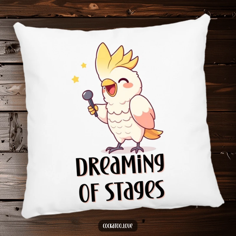 Funny pillow featuring a gleeful cockatoo character mimicking a triumphant singer, bringing musical joy to your space.
