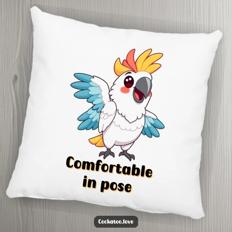 Funny cockatoo pillow, vibrant, striking a humorous pose, designed for comfort and a constant source of amusement.