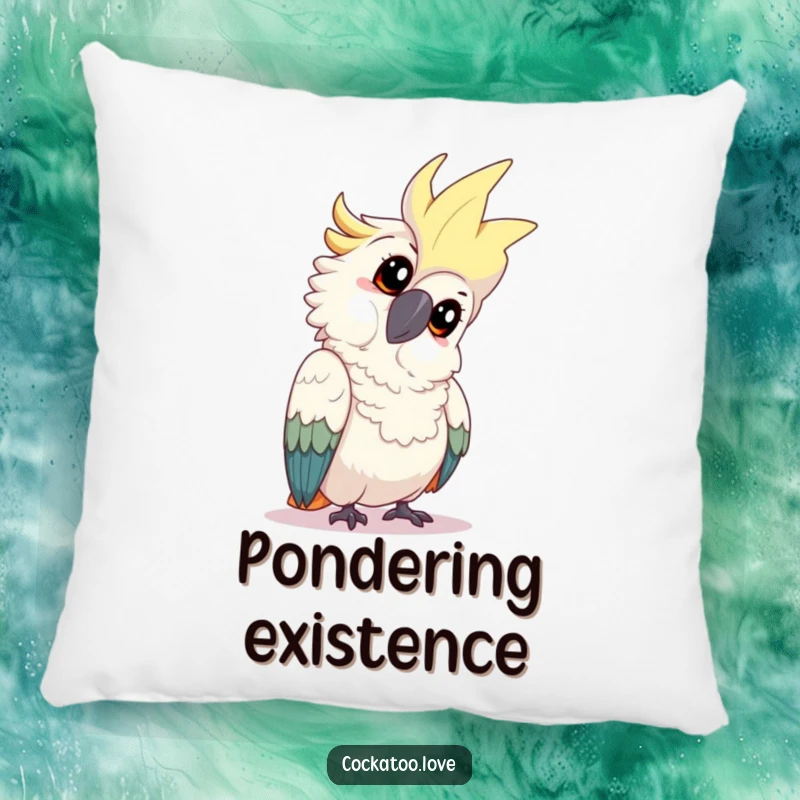 Funny cockatoo pillow featuring a playful bird tilting its head with an inquisitive expression, offering a soft and contemplative accent.