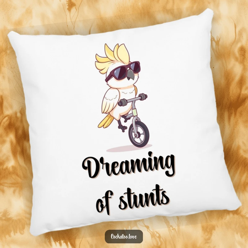 Funny cockatoo pillow, sporting cool sunglasses, riding a unicycle with flair, designed for ultimate comfort and humorous appeal.