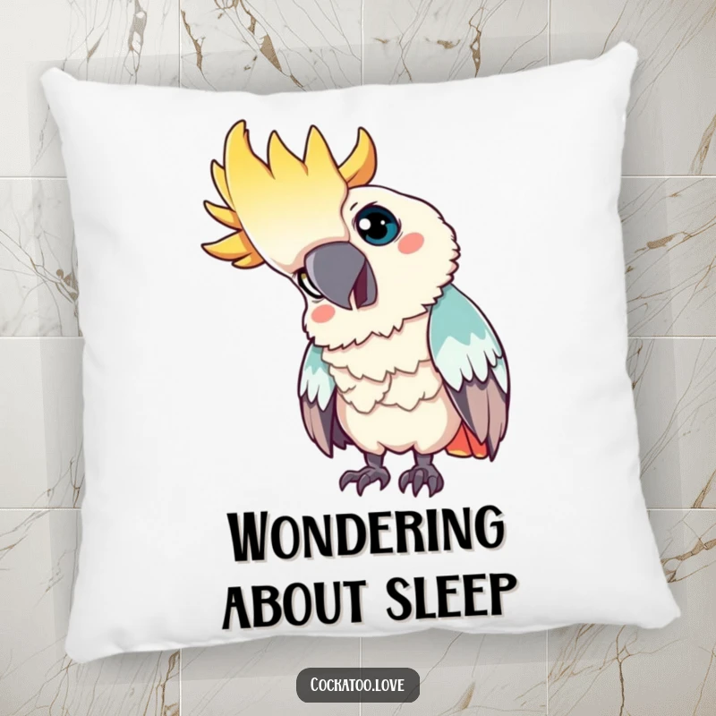 Funny pillow: A curious cockatoo tilts its head, gazing intently, creating a humorous and comforting decorative accent.