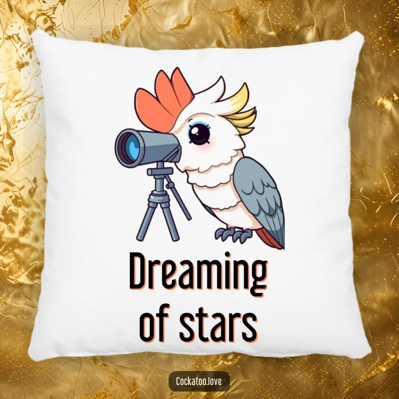 Funny cockatoo pillow with a curious bird looking through a telescope with wonder, perfect for soft, humorous comfort and dreams.