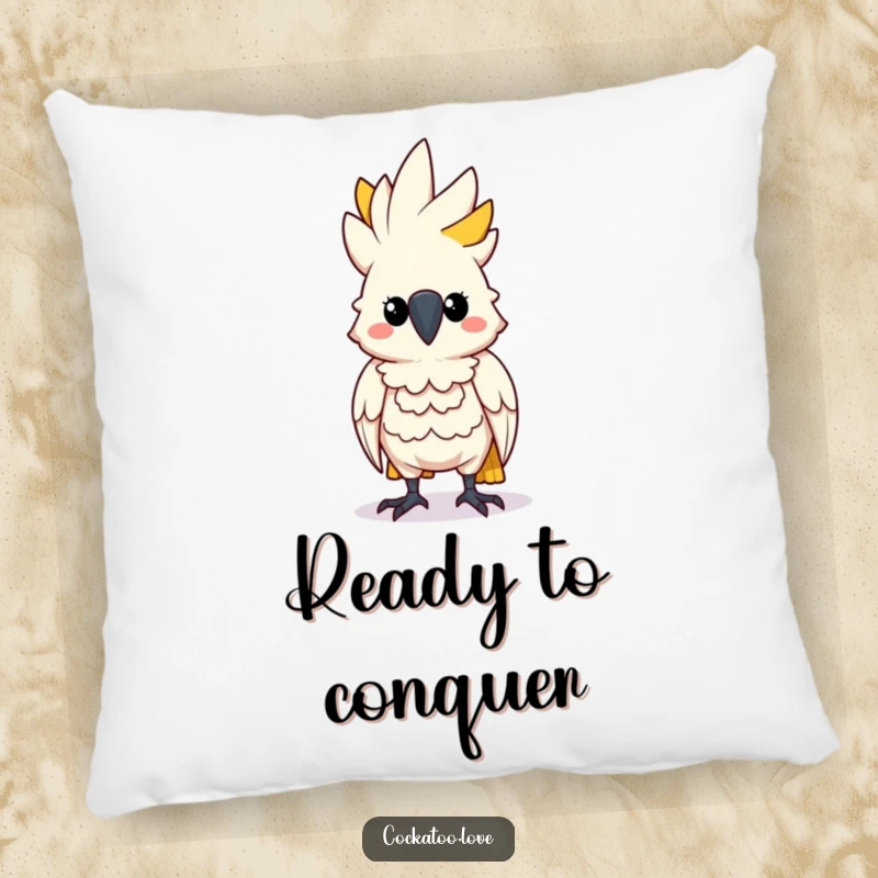 Funny Determined Cockatoo Pillow: A soft pillow featuring a cockatoo character standing tall and puffing its chest with determination.