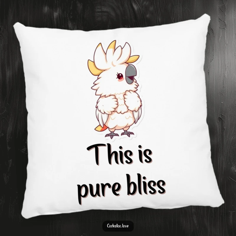 Funny Fluffy Cockatoo Pillow featuring a delightfully fluffy cockatoo preening its feathers with a look of pure joy and contentment.
