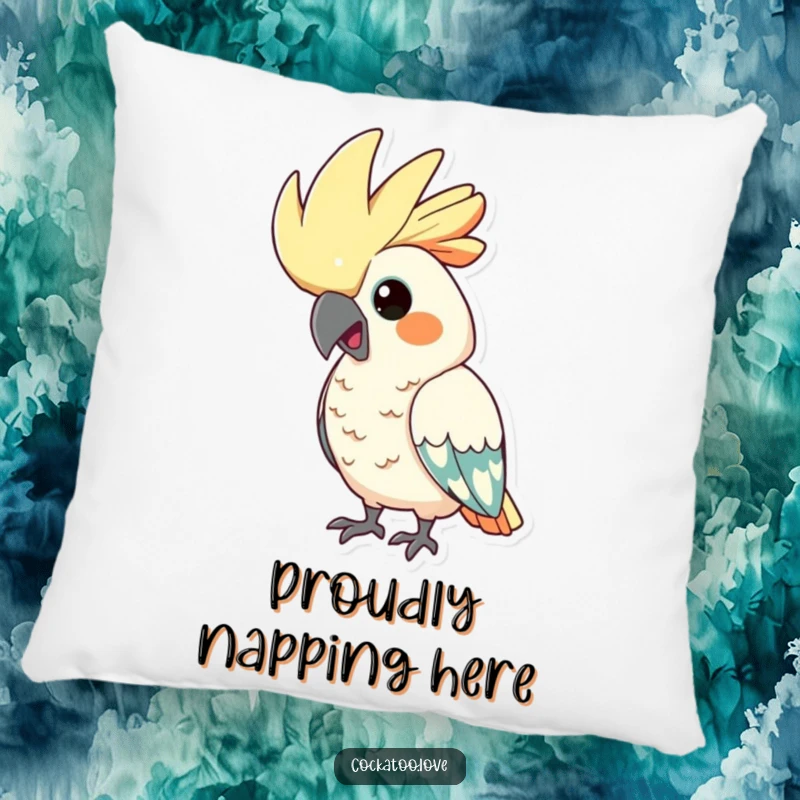 Funny cockatoo pillow, soft and decorative, featuring a bird with its crest comically puffed up in a proud display.