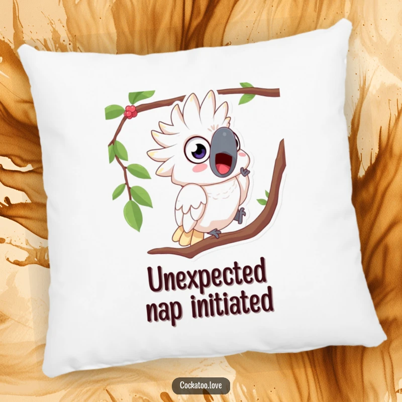 Funny pillow with a surprised cockatoo, wide eyes showing shock as it tumbles from a tree branch.