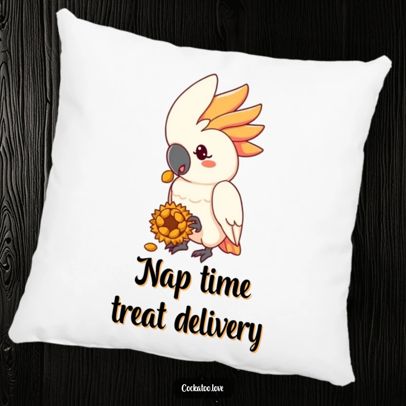 Funny cockatoo pillow featuring a kind bird character holding out a sunflower seed treat.