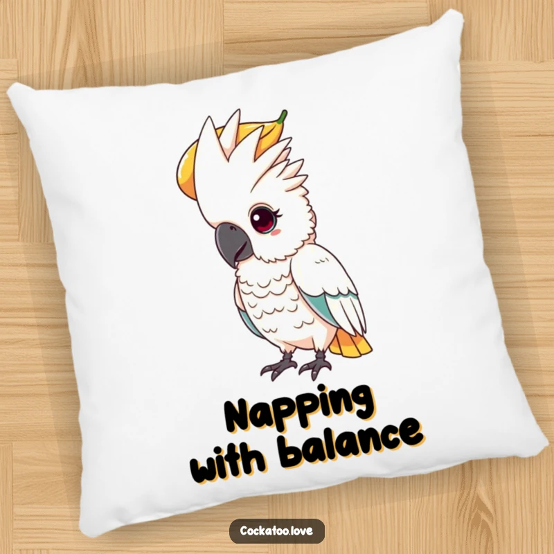 Funny decorative pillow showing a determined cockatoo with a focused gaze, balancing a large fruit on its head.