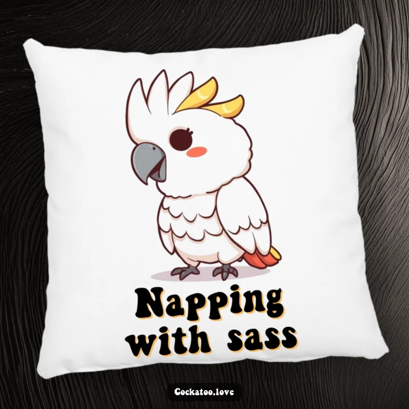Funny pillow featuring a cockatoo character with a mischievous grin playfully pecking, bringing a playful vibe.