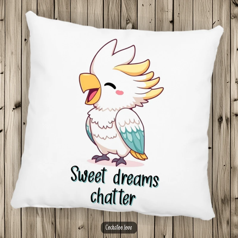 Funny cockatoo pillow featuring a cheerful bird with a bright beak squawking with delight, adding a soft and joyful touch to any space.