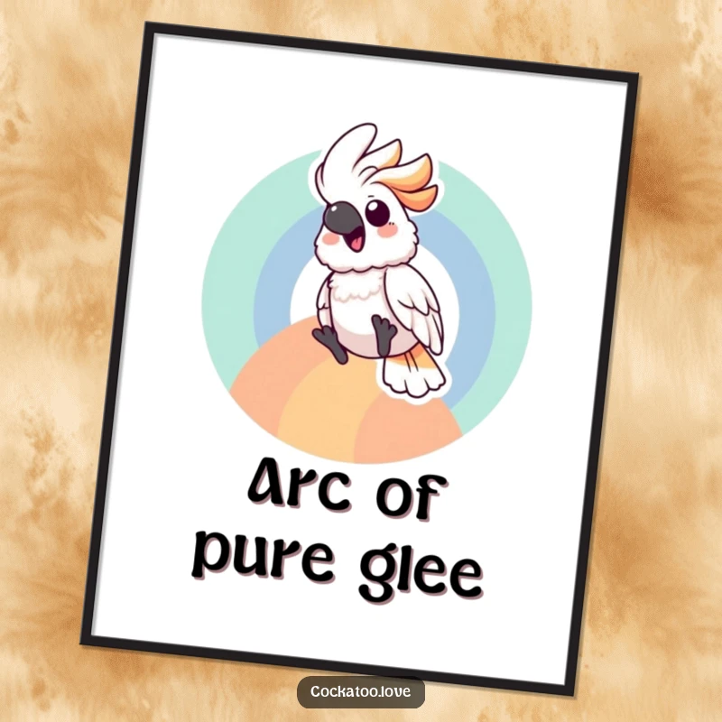 Joyful cockatoo bird artwork gleefully sliding down a bright, colorful rainbow arc, conveying pure happiness.