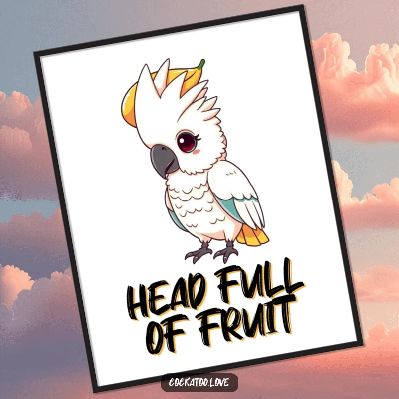 Funny digital art print of a determined cockatoo with a focused gaze, balancing a large fruit on its head.