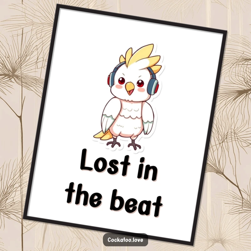 Funny digital art of a cockatoo wearing headphones and bopping to music, a vibrant and rhythmic printable.