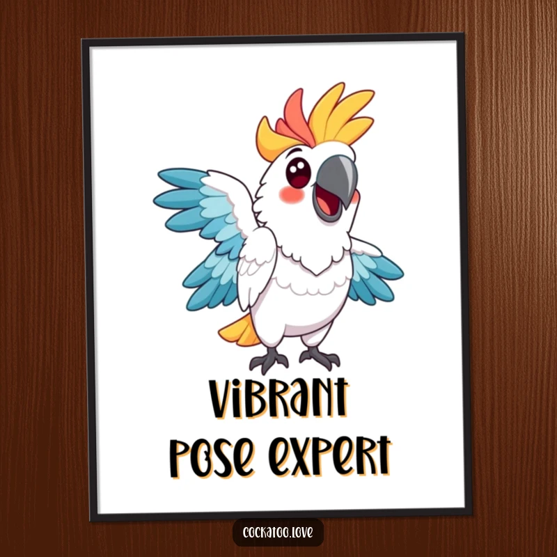 Funny cockatoo digital art, vibrant feathers, striking a comical pose, capturing a moment of pure avian humor and personality.