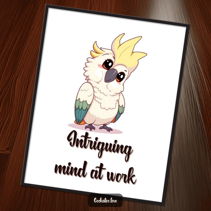 Funny cockatoo digital art print of a playful bird tilting its head with an inquisitive expression, evoking curiosity and a sense of gentle inquiry.