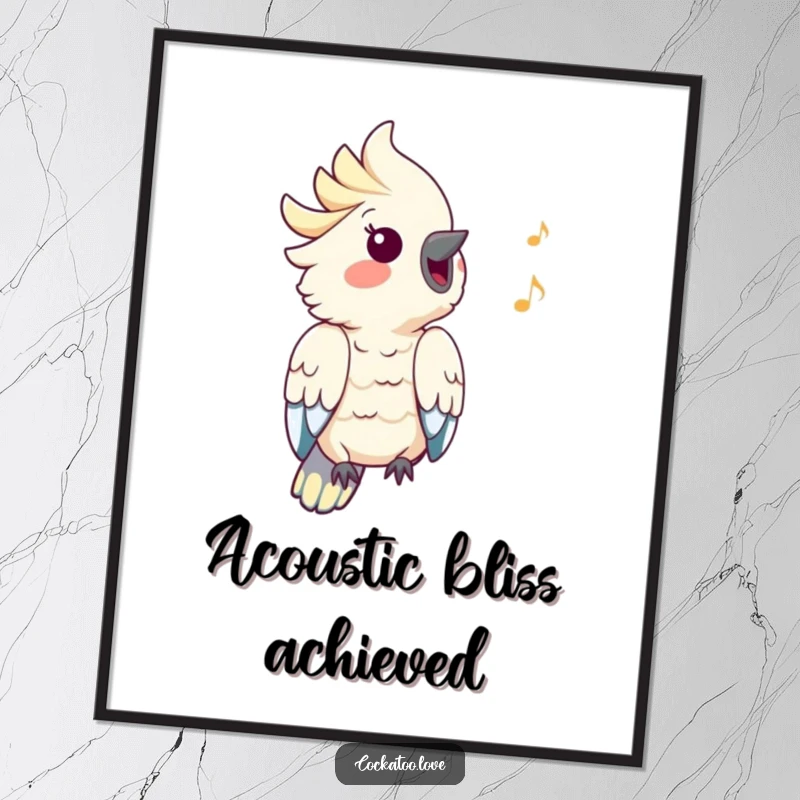 Funny Cockatoo Digital Art: A cockatoo joyfully whistles a happy tune, with surrounding musical notes creating a funny, vibrant artwork.