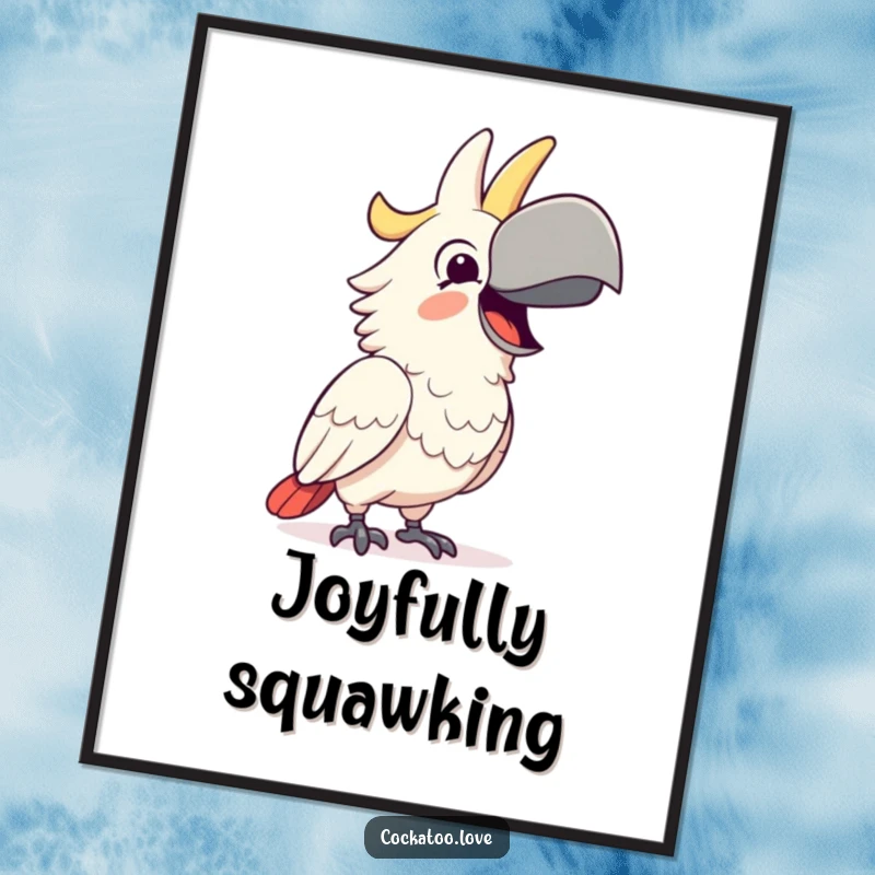 Funny Digital Art Print of a happy cockatoo character squawking with delight, radiating joy and humor, a perfect funny gift.