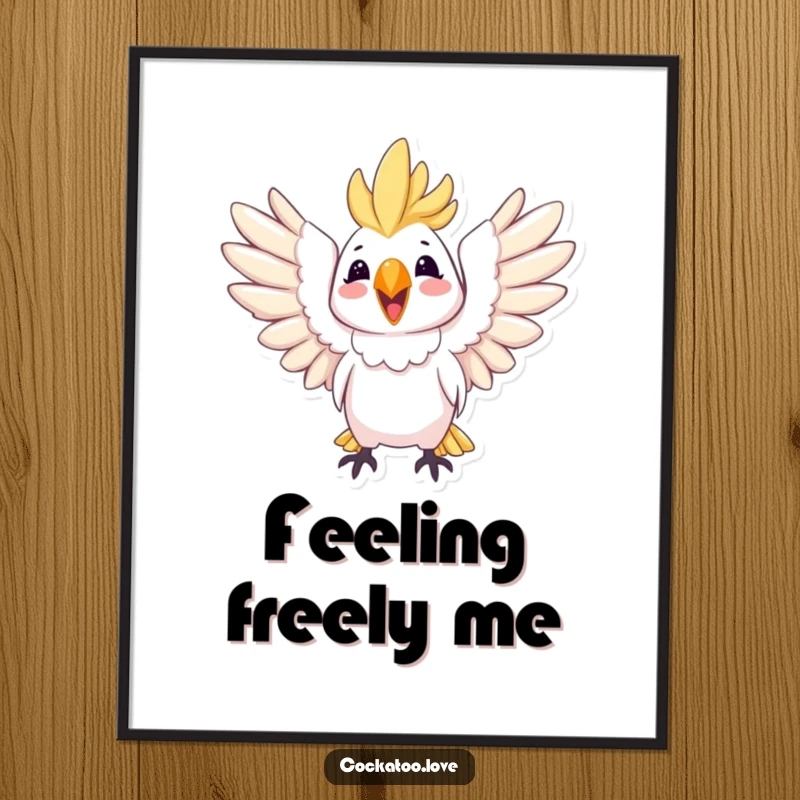 Funny digital art of a joyful cockatoo with wings spread wide, a beautiful and uplifting printable graphic.