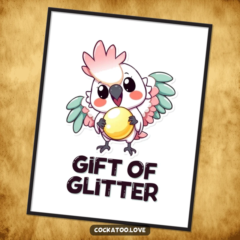 Funny digital art print: A playful cockatoo offers a tiny, shiny object, symbolizing generosity in a humorous and heartwarming artwork.