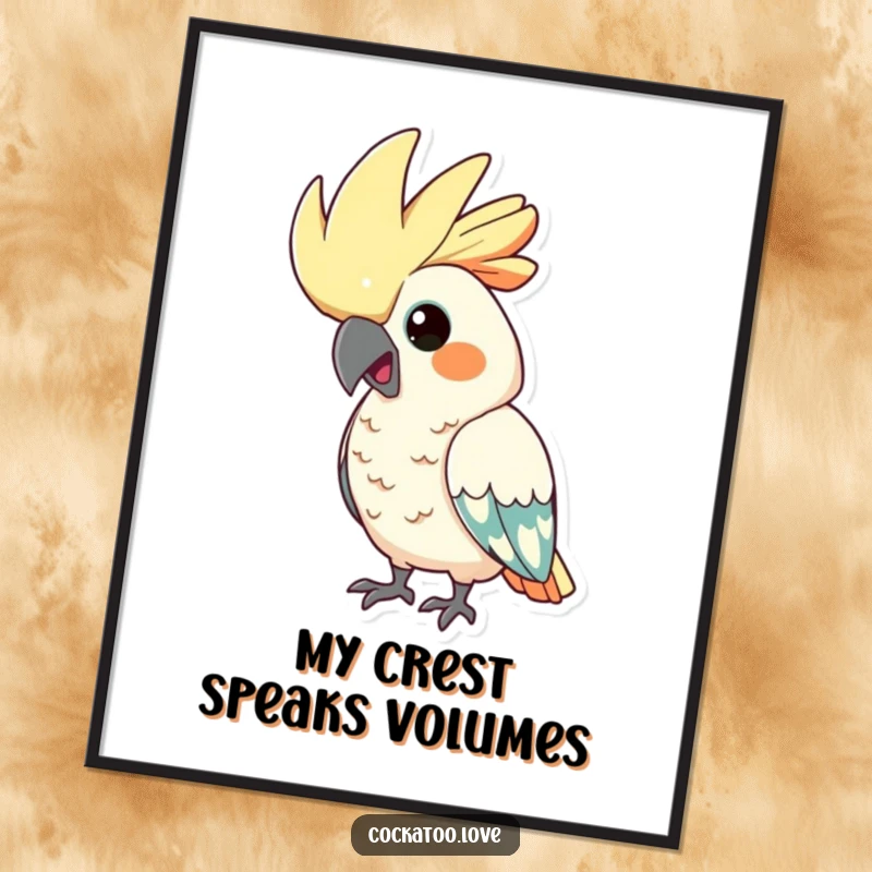 Funny cockatoo digital art print, depicting a bird with its crest comically puffed up, exuding exaggerated pride, ready to print.