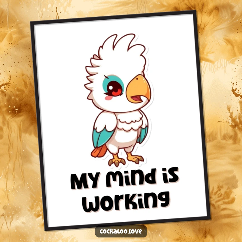 Funny Quizzical Cockatoo Digital Art Print: A cockatoo character tilting its head with a quizzical expression, inviting curiosity.