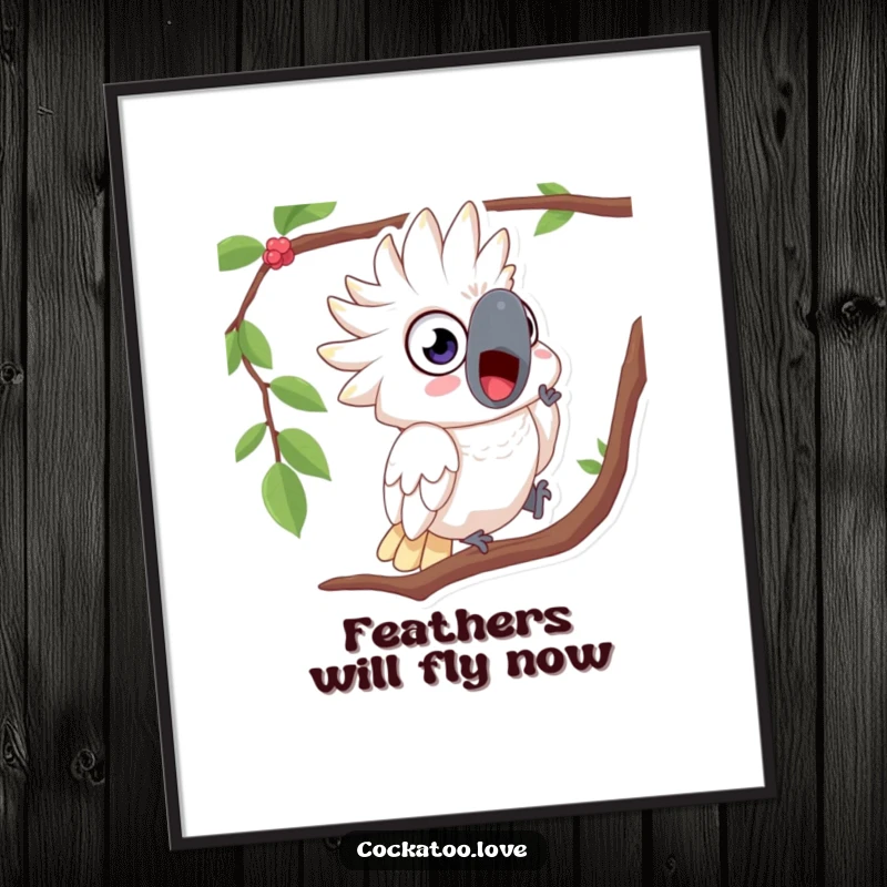 Funny digital art print of a surprised cockatoo with wide eyes, dramatically tumbling from a tree branch.