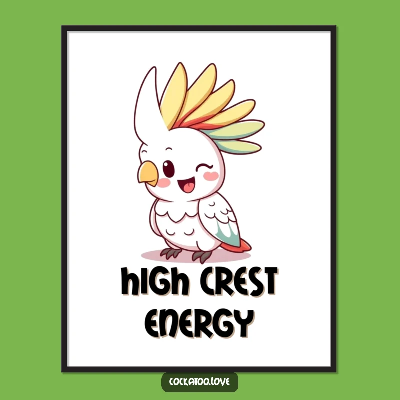 Funny Cockatoo Digital Art: Happy Bird, Vibrant Crest Raised Print