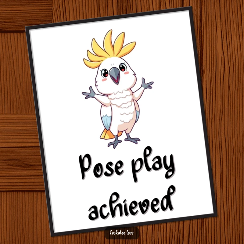 Funny Digital Art Print of a cockatoo character in a silly pose, radiating fun and humor, a perfect funny gift.