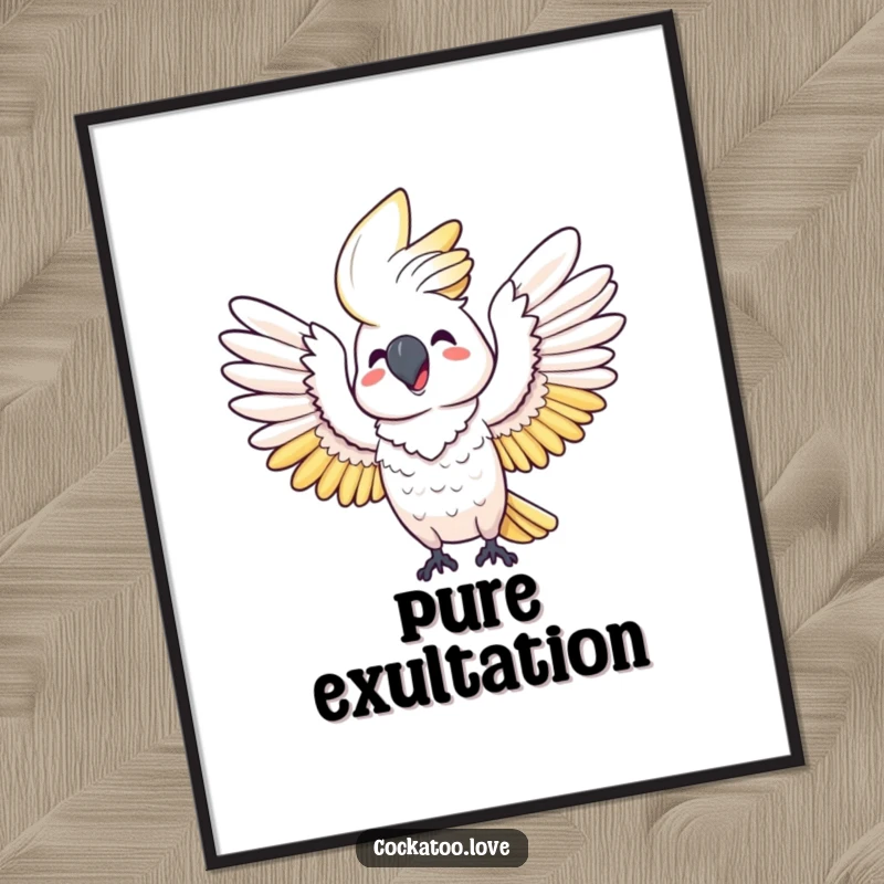 Funny digital art print: A happy cockatoo joyfully stretches its wings wide, symbolizing freedom and happiness in a humorous artwork.