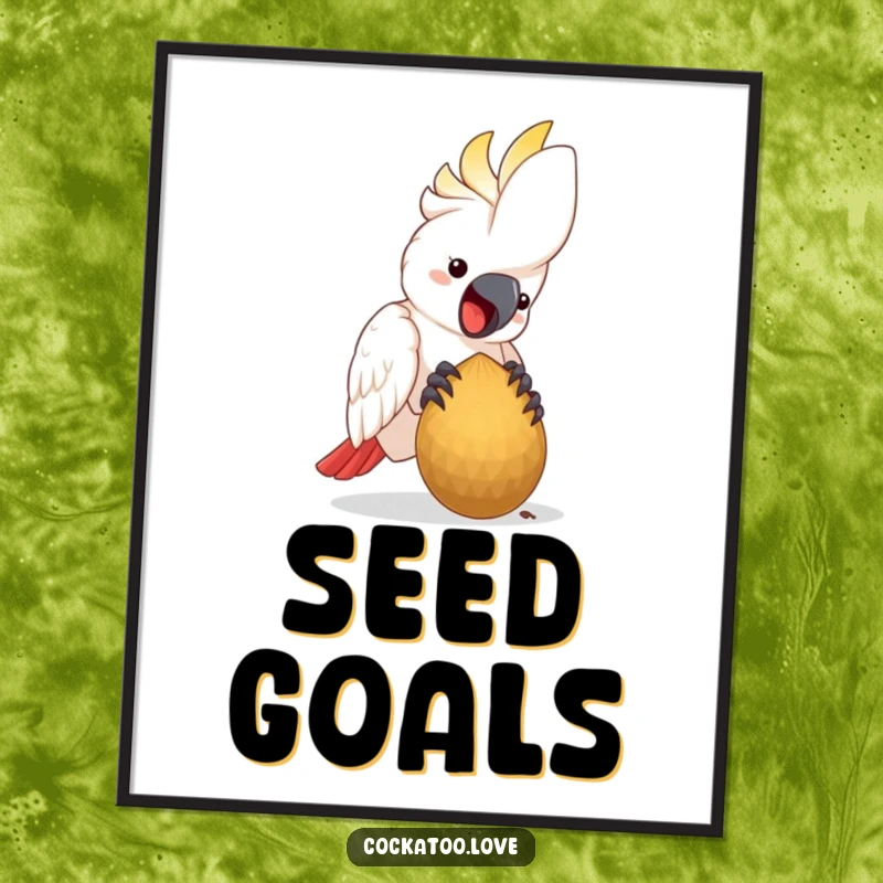 Funny Digital Art Print of a happy cockatoo bird happily pecking at a large seed, conveying joy and amusement.