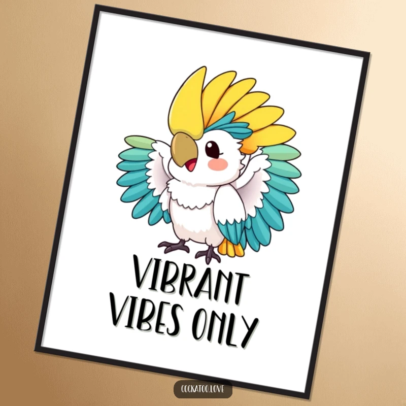 Funny digital art print: A vibrant cockatoo excitedly fans its colorful crest, capturing a moment of tropical beauty and humor.