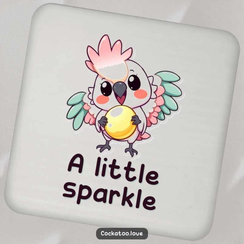 Funny coaster: A playful cockatoo offers a tiny, shiny object, adding a touch of humor and warmth to any surface.