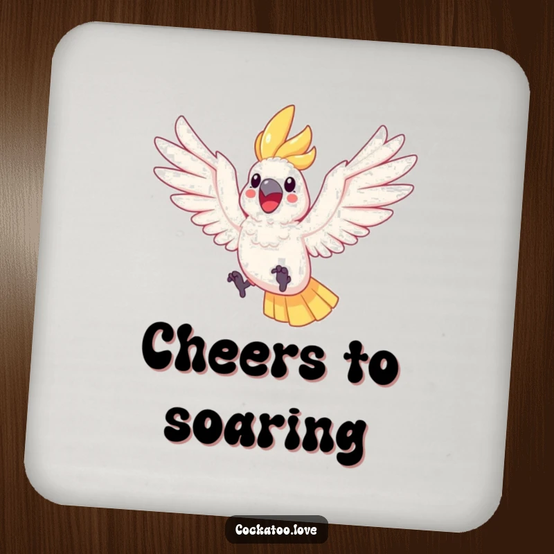 Funny Cockatoo Leaping Drink Coaster a joyful cockatoo leaps with wings open, protecting your tables with humor and a touch of flight.