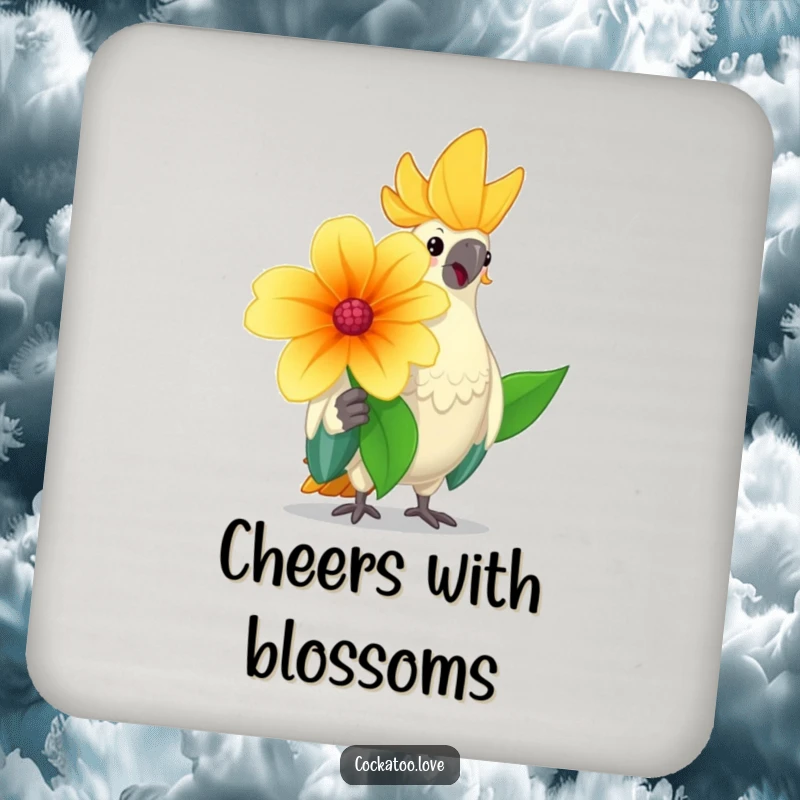 Funny cockatoo coaster with a cheerful bird holding a large flower and nodding kindly, perfect for protecting surfaces humorously.