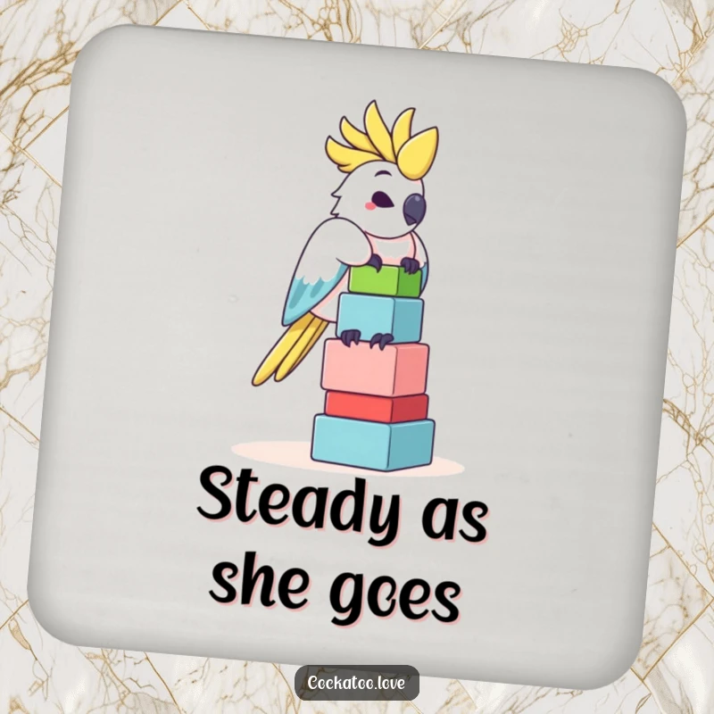 Funny Cockatoo Coasters: A detailed cockatoo balances a mini tower of colorful blocks, providing funny protection for beverages.