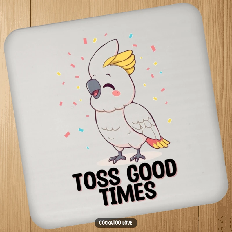 Funny cockatoo coaster, wide smile, joyfully scattering confetti, adding a festive and protective element to any table.
