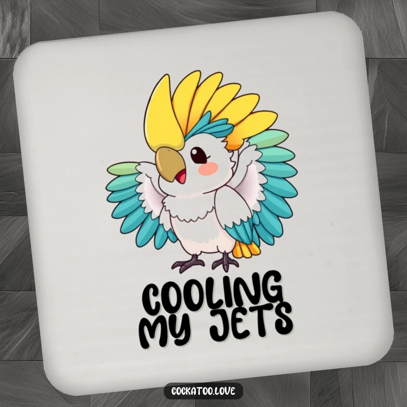 Funny coaster: A colorful cockatoo fans its crest with excitement, adding tropical flair and humor to any surface.