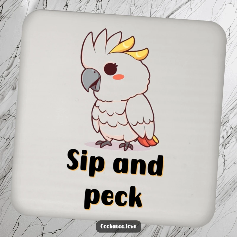 Funny drink coaster featuring a cockatoo character with a mischievous grin playfully pecking, adding a fun touch.