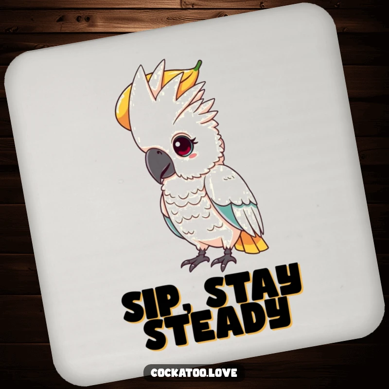 Funny drink coaster featuring a determined cockatoo with a focused gaze, balancing a large fruit on its head.