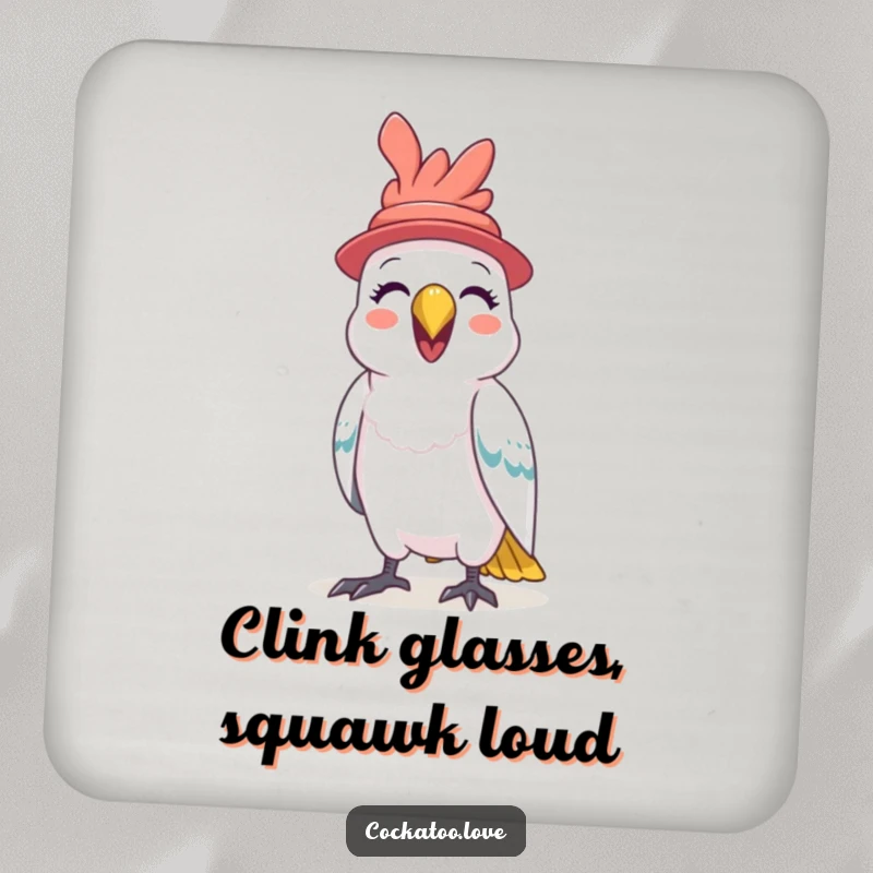 Funny Cockatoo Hat Drink Coaster a comical cockatoo wearing a hat squawks with joy, protecting your tables with a humorous and artistic flair.