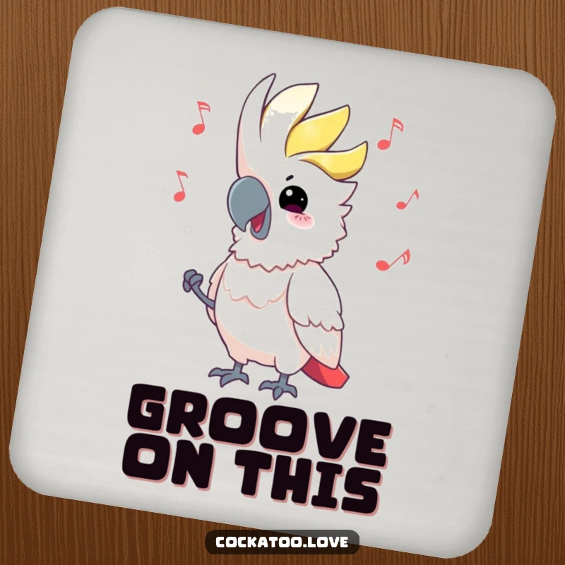 Funny Cockatoo Music Coaster, head bobbing to a beat, protecting drinks with style and humor, a charming funny gift.