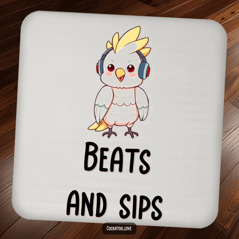 Funny drink coaster with a cockatoo wearing headphones and bopping to music, perfect for a music-themed table.