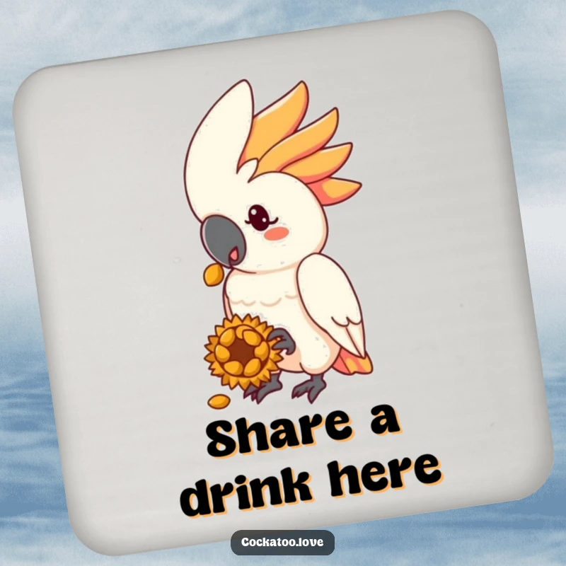 Funny cockatoo coaster depicting a kind bird character offering a sunflower seed treat.