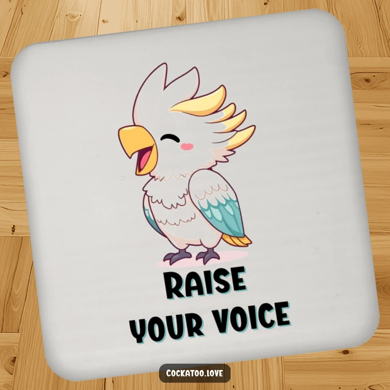 Funny cockatoo drink coaster featuring a cheerful bird with a bright beak squawking with delight, adding a touch of vibrant joy to any surface.