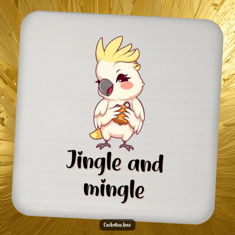 Funny Cockatoo Coaster with a mischievous wink and a tiny bell, protecting surfaces with style and humor, a charming funny gift.