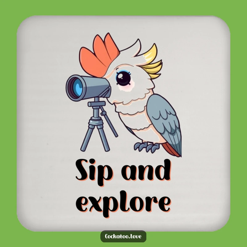 Funny Curious Cockatoo Coaster: Explorer Bird Drink Protector, Quirky Funny Gift