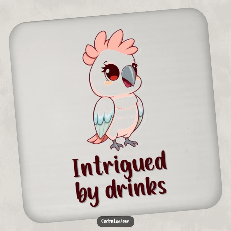 Funny drink coaster featuring a cockatoo bird tilting its head with curious eyes. This accessory adds subtle humor and protects surfaces.