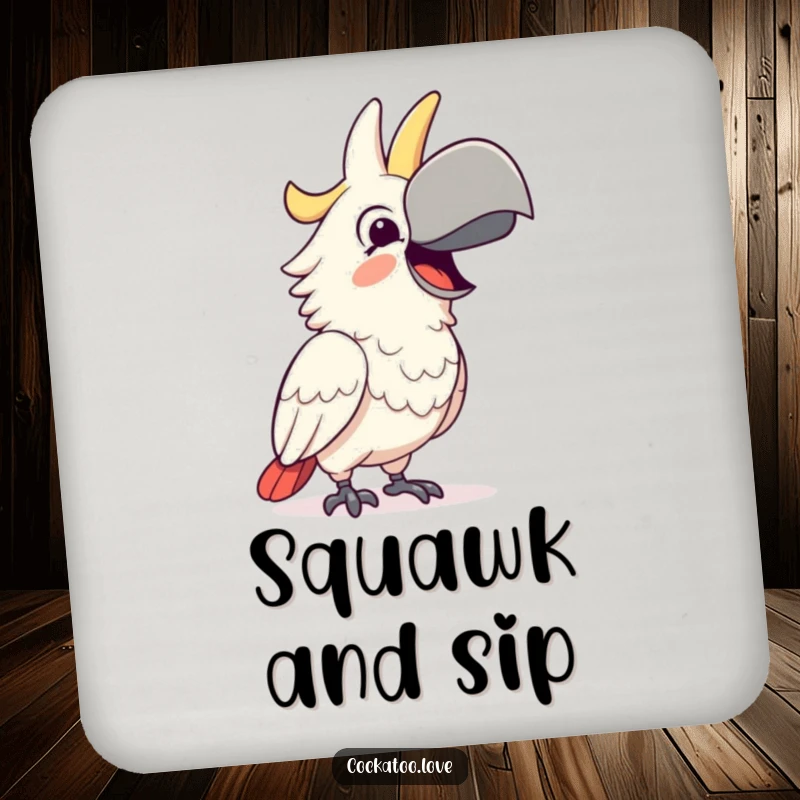 Funny Drink Coaster featuring a happy cockatoo character squawking joyfully, adding humor and charm as a great funny gift.
